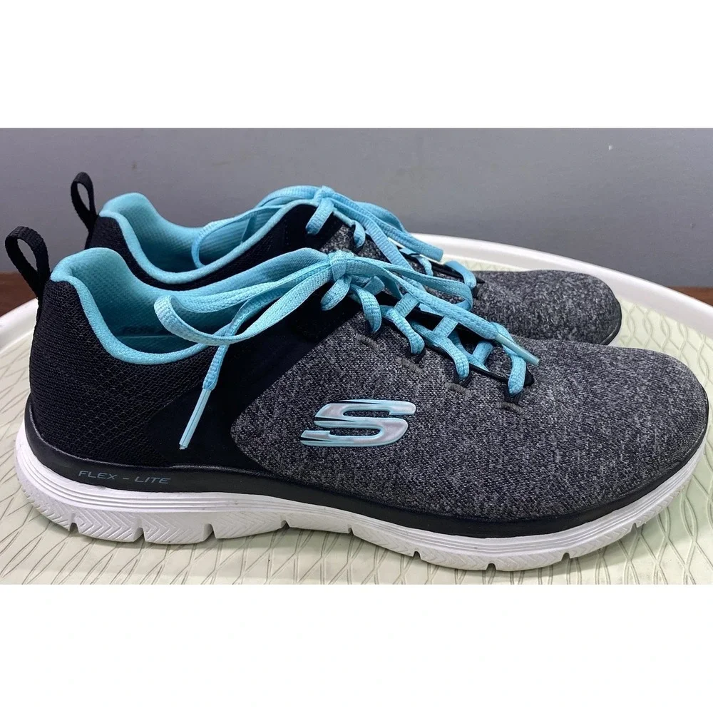 Skechers Flex‎ Lite Womens Gray/Black/Blue Shoes Memory Foam Sneakers Sz.9
